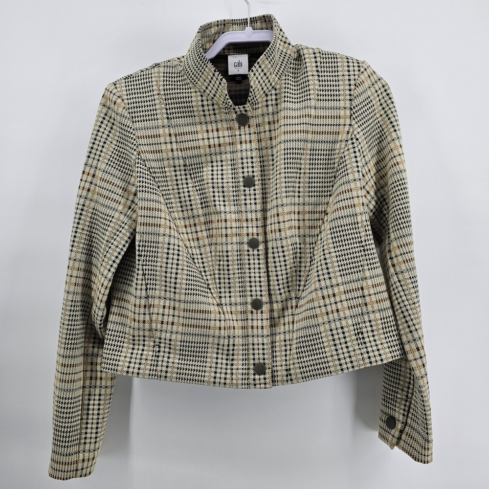 Cabi Button Front Travel Jacket S Beige Gold Plaid Houndstooth Mock Neck 4498